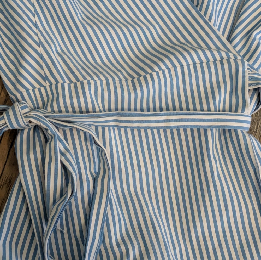 J.Crew Blue White Striped Faux Wrap Dress Cotton Stretch Lined Size 0 K0691 FA18 - Picture 8 of 11